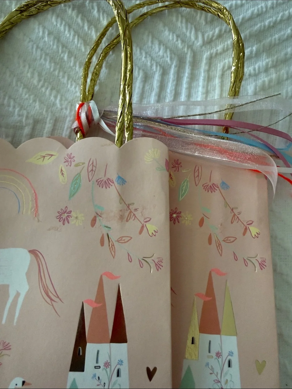 Meri Meri Princess Gift Bags - Pink Unicorn & Castle Design w/ Gold Handles - 7